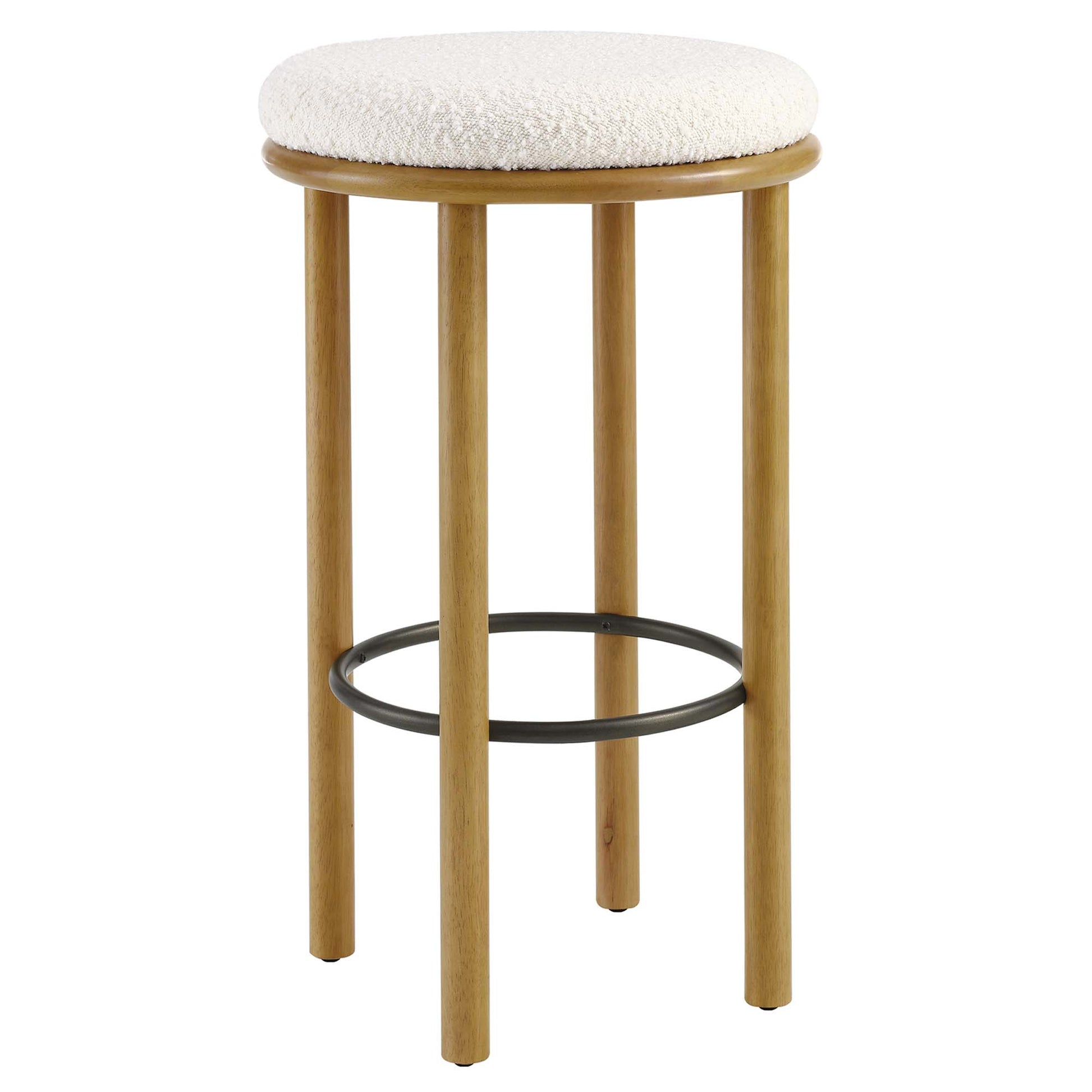 Oak wood bar stools with white boucle fabric cushions and black circular footrests.