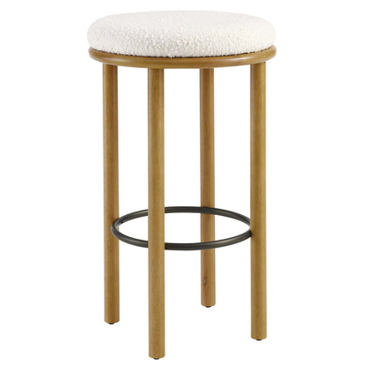 Oak wood bar stools with white boucle fabric cushions and black circular footrests.