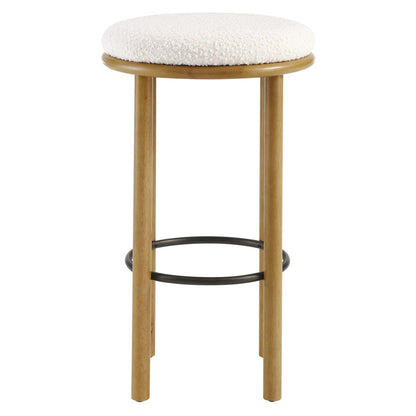 Set of 2 white boucle fabric bar stools with round upholstered seats and black circular footrests