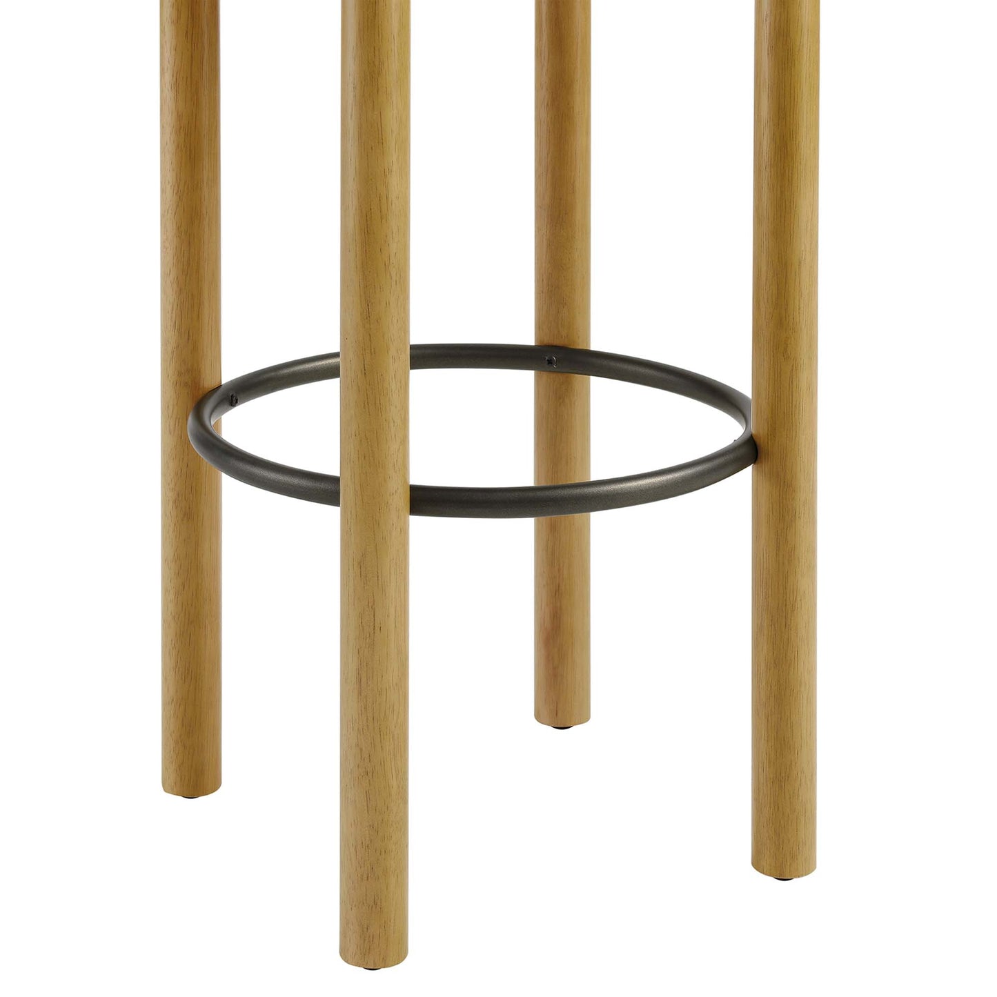 Pair of white boucle fabric bar stools with black circular metal footrests.