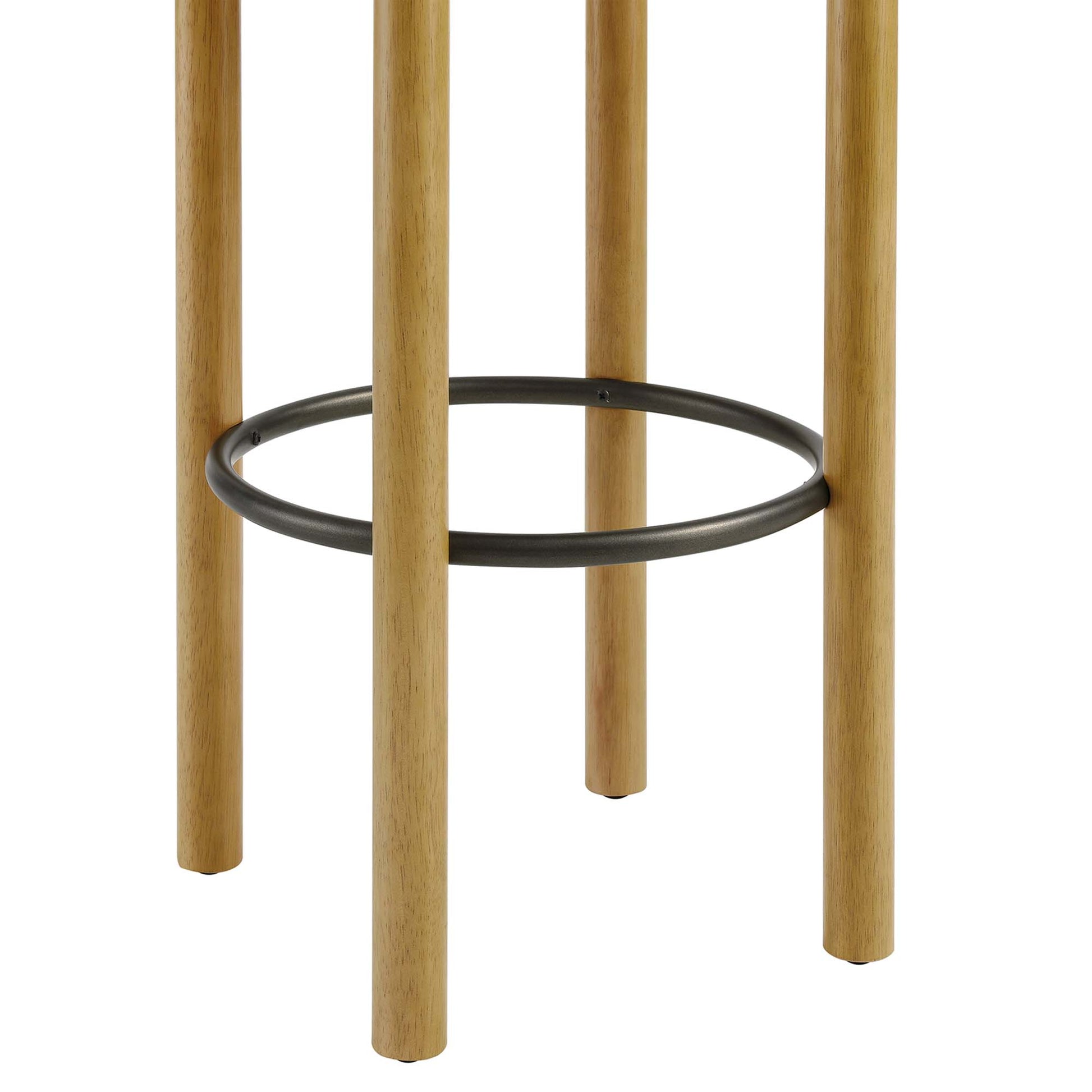 Pair of white boucle fabric bar stools with black circular metal footrests.