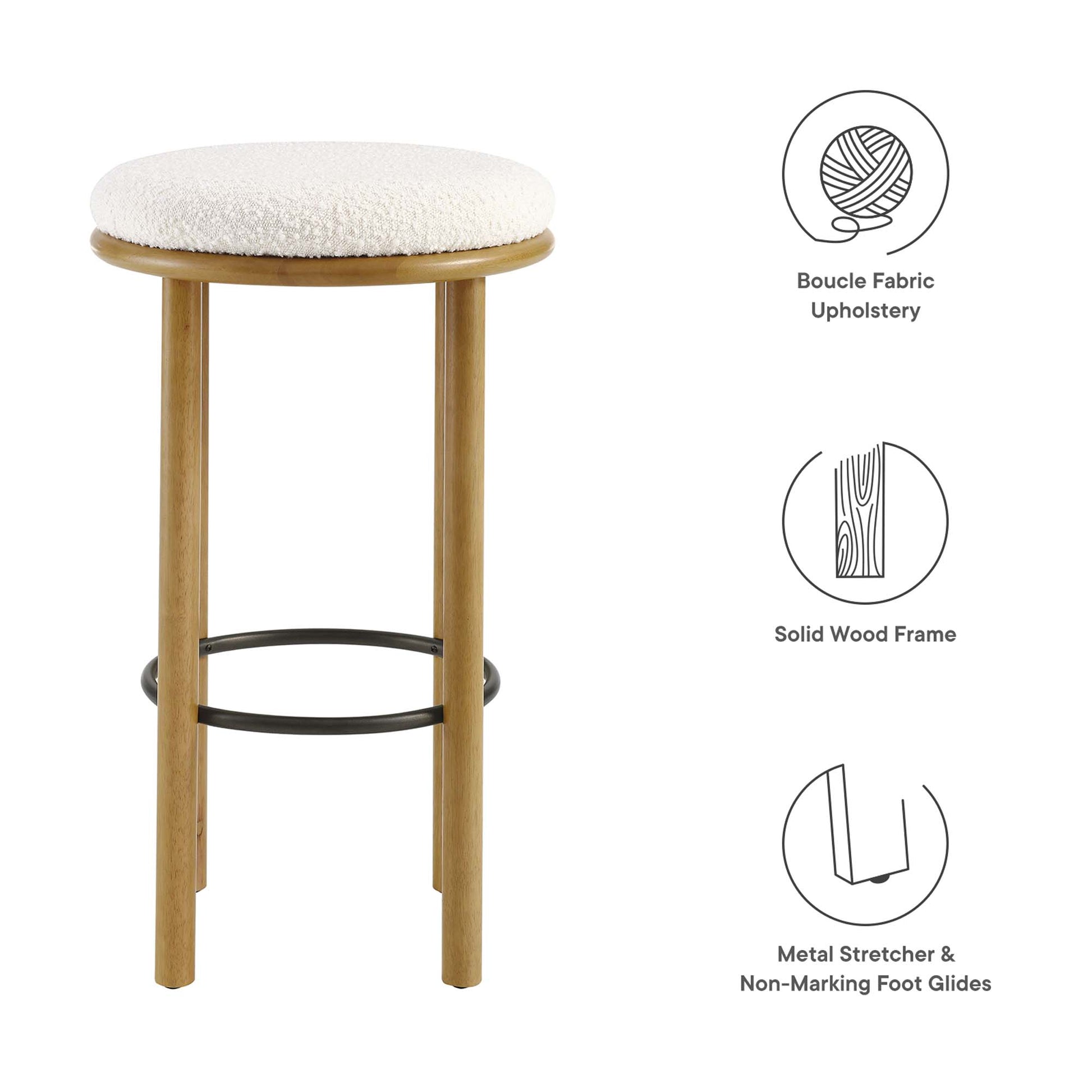 Oak wood bar stools set of 2 with ivory boucle fabric round upholstered seats and black metal foot rings