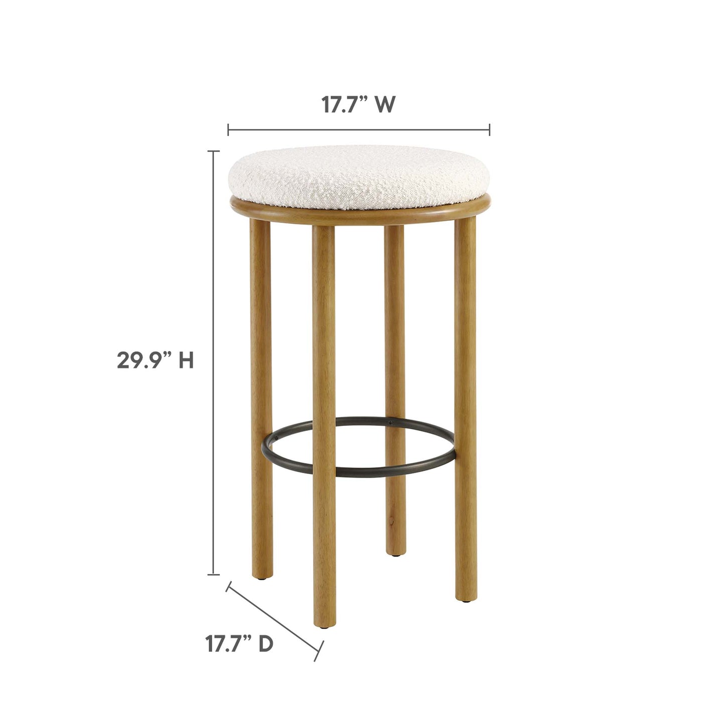 oak stool with ivory upholstered round seat, natural wood legs & black metal footring, 17.7W x 29.9H x 17.7D.