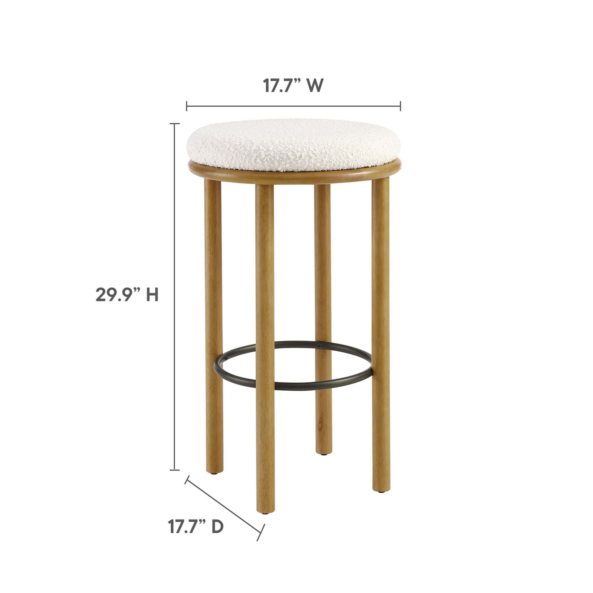 oak stool with ivory upholstered round seat, natural wood legs & black metal footring, 17.7W x 29.9H x 17.7D.