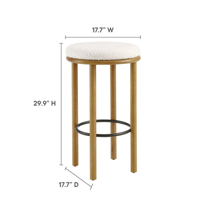 oak stool with ivory upholstered round seat, natural wood legs & black metal footring, 17.7W x 29.9H x 17.7D.