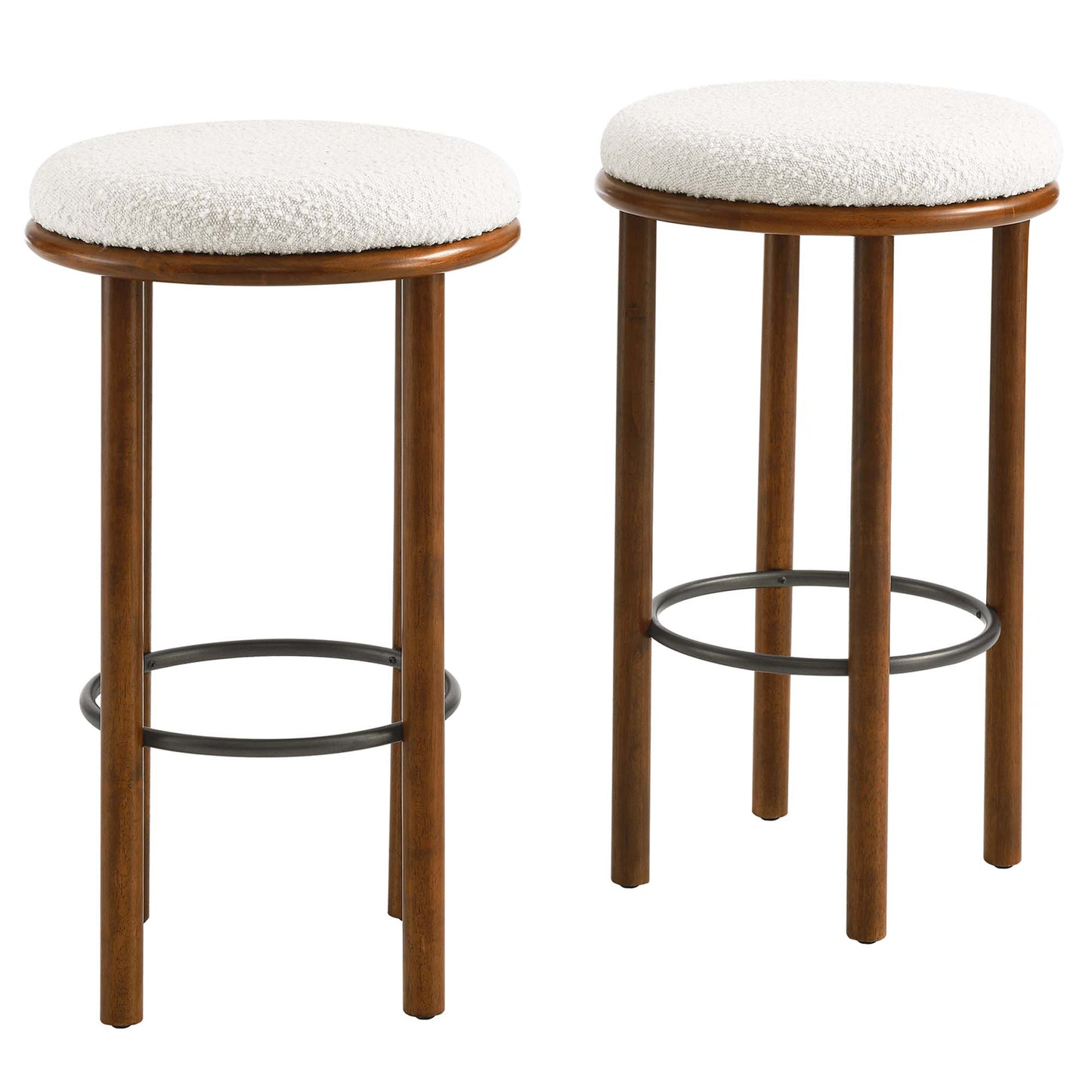 Pair of walnut-stained wooden stools with round ivory boucle upholstered seats & black metal ring footrests.