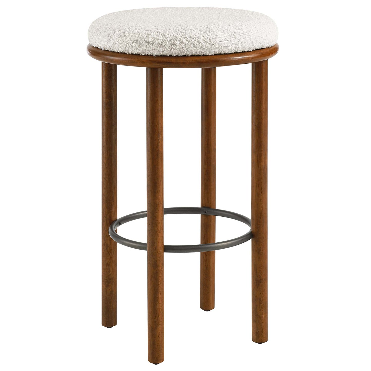 Pair of walnut-finish wooden bar stools with ivory boucle upholstered round seats and circular metal footrests.