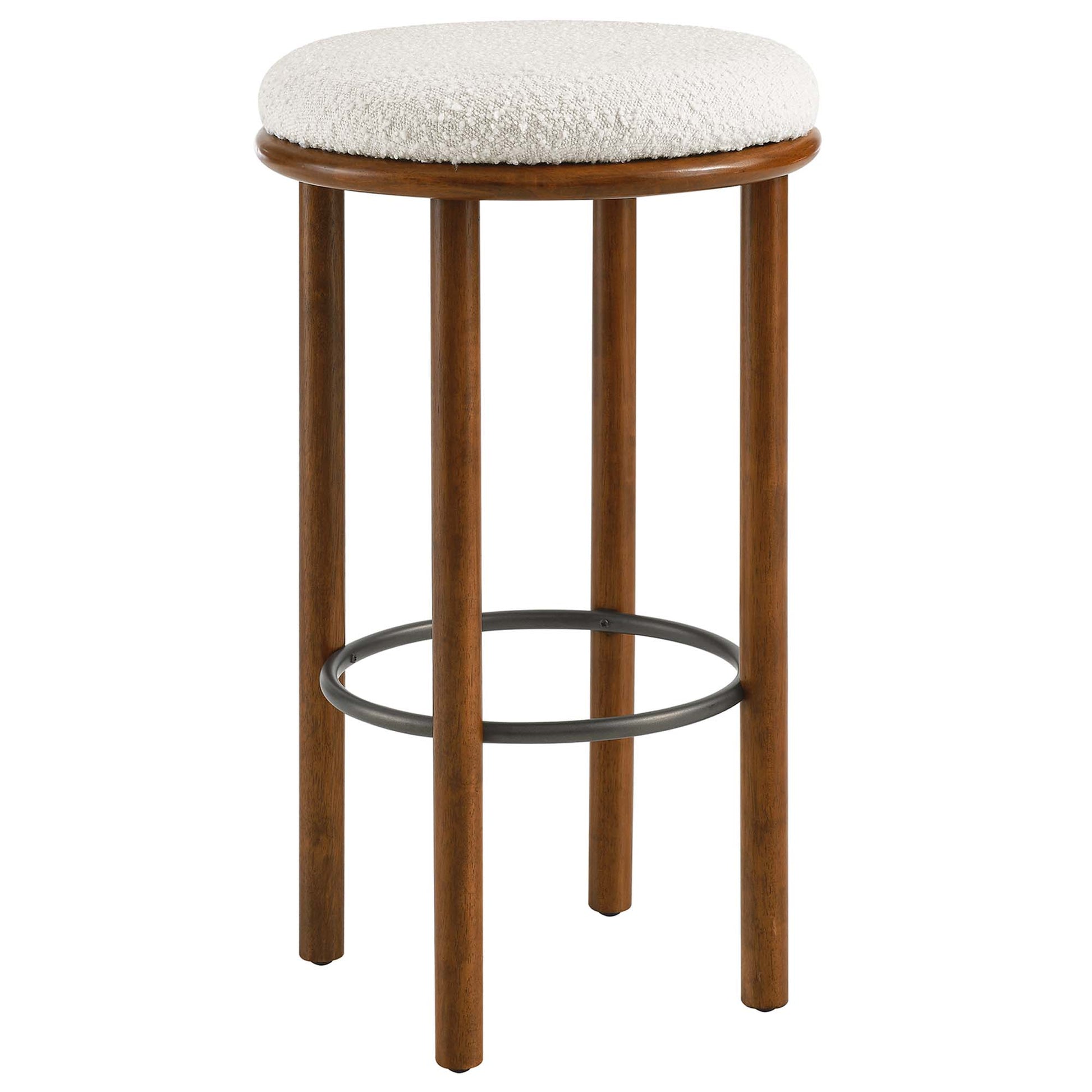 Pair of walnut-finish wooden bar stools with ivory boucle upholstered round seats and circular metal footrests.