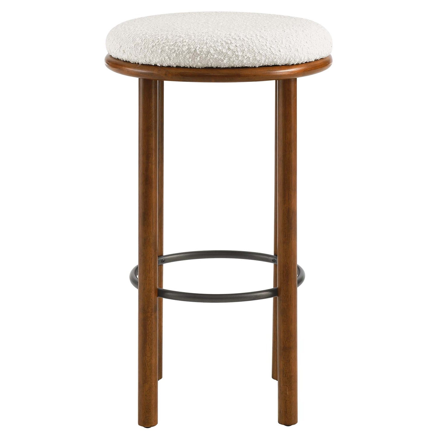 White boucle fabric bar stools set of 2 with metal frames and black ring footrests.
