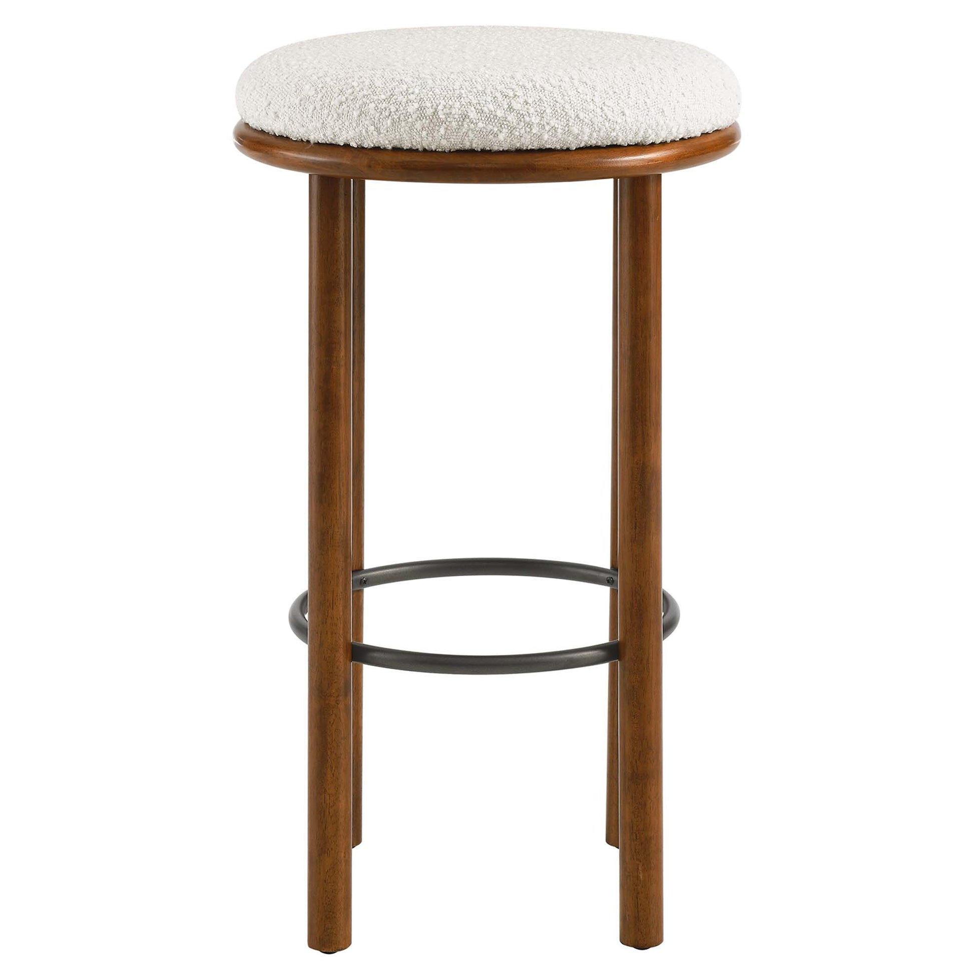 White boucle fabric bar stools set of 2 with metal frames and black ring footrests.