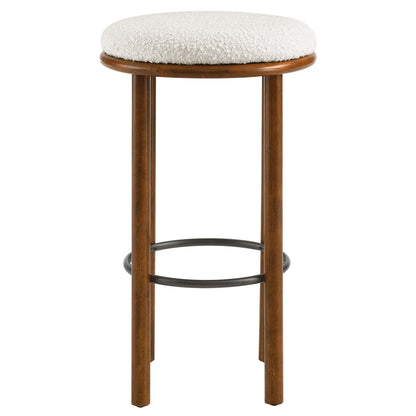 White boucle fabric bar stools set of 2 with metal frames and black ring footrests.