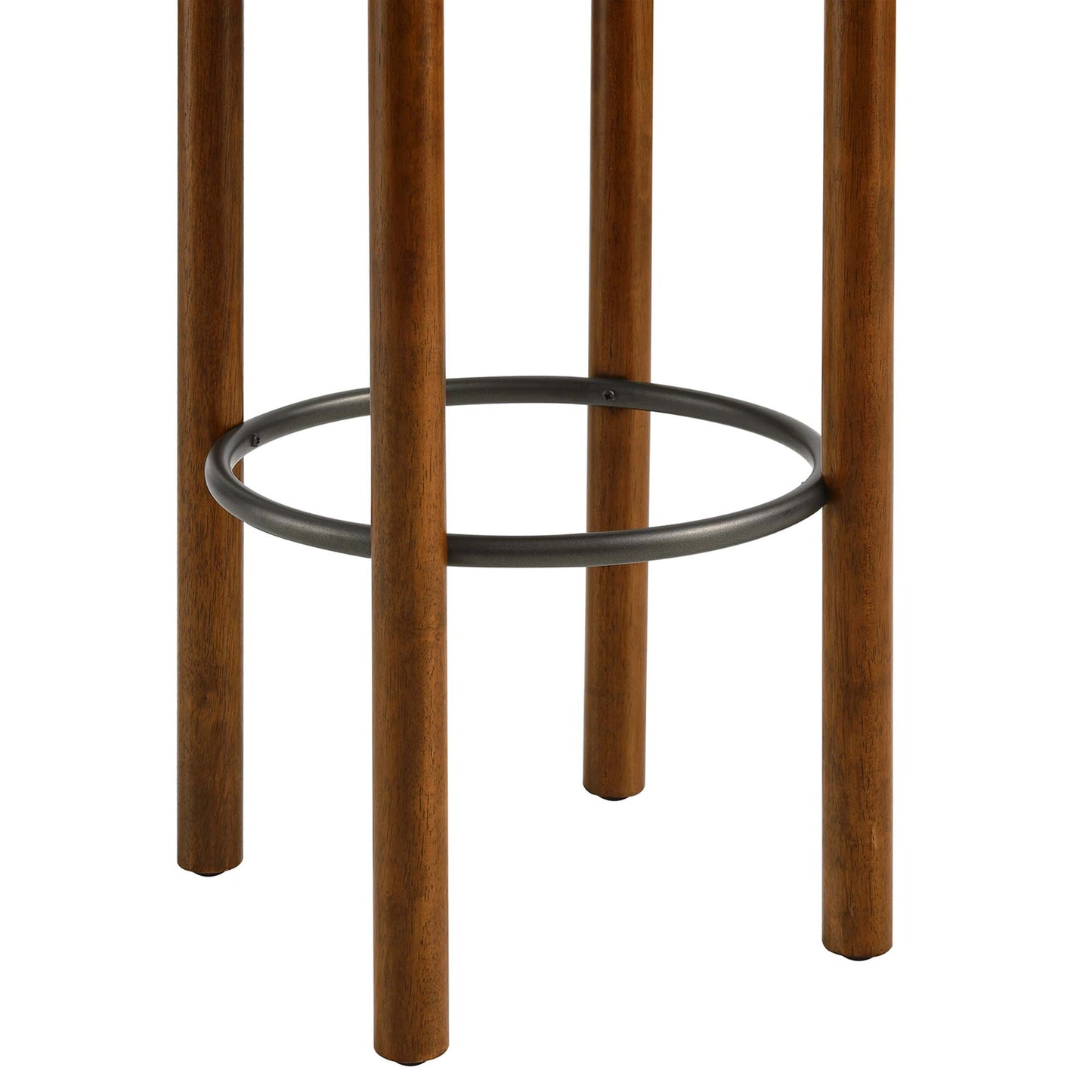 Walnut-finished wooden stool legs with a black circular metal footrest.