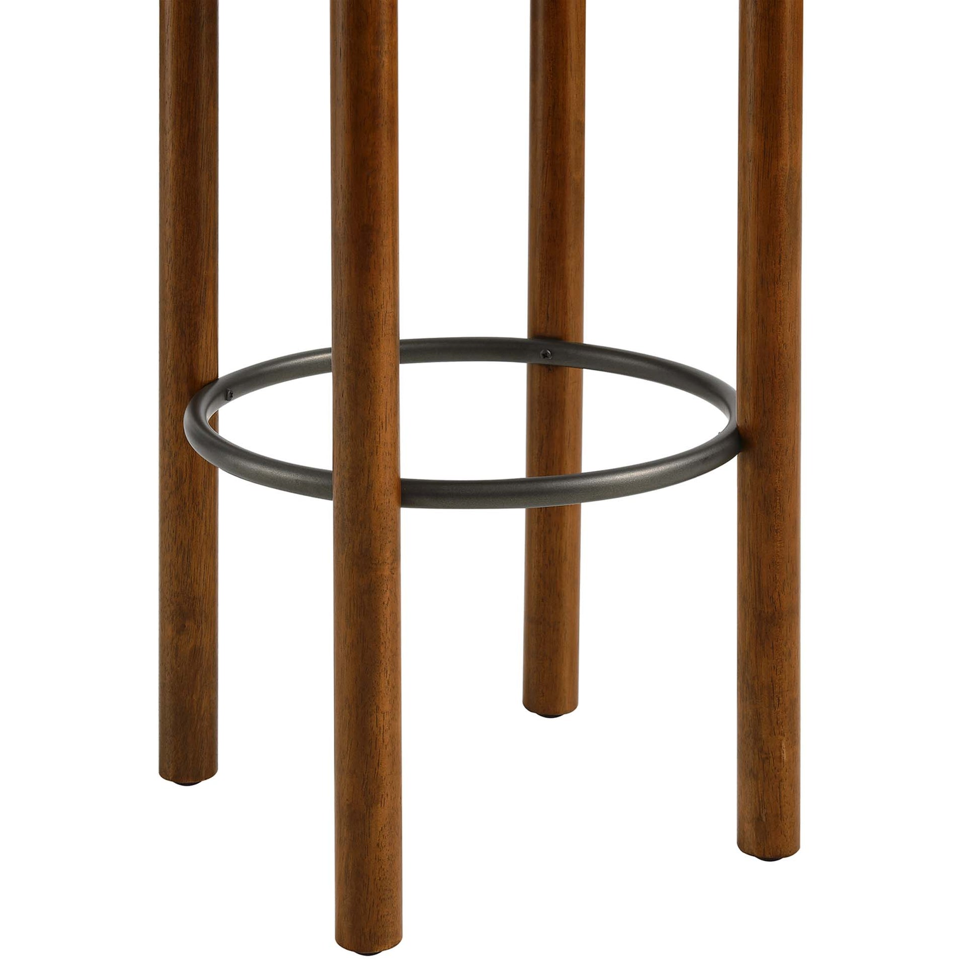 Walnut-finished wooden stool legs with a black circular metal footrest.