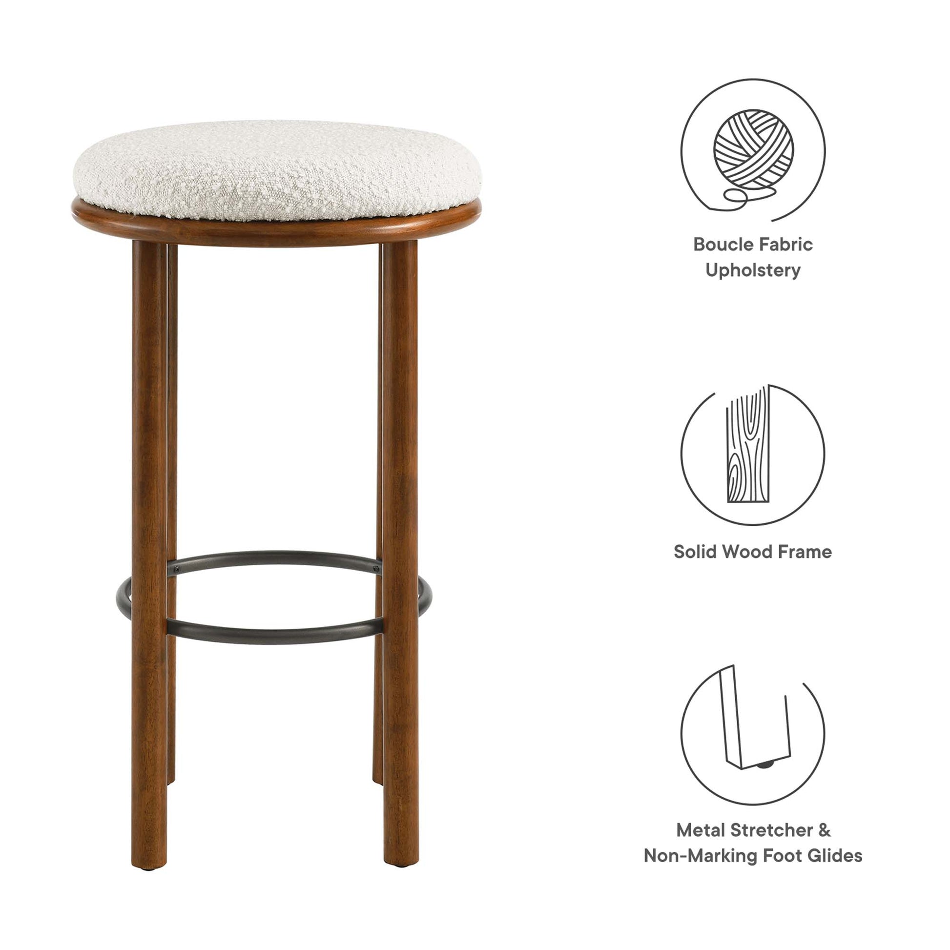 Set of 2 walnut wood bar stools with round ivory boucle upholstered seats, solid wood frames & metal footrests.