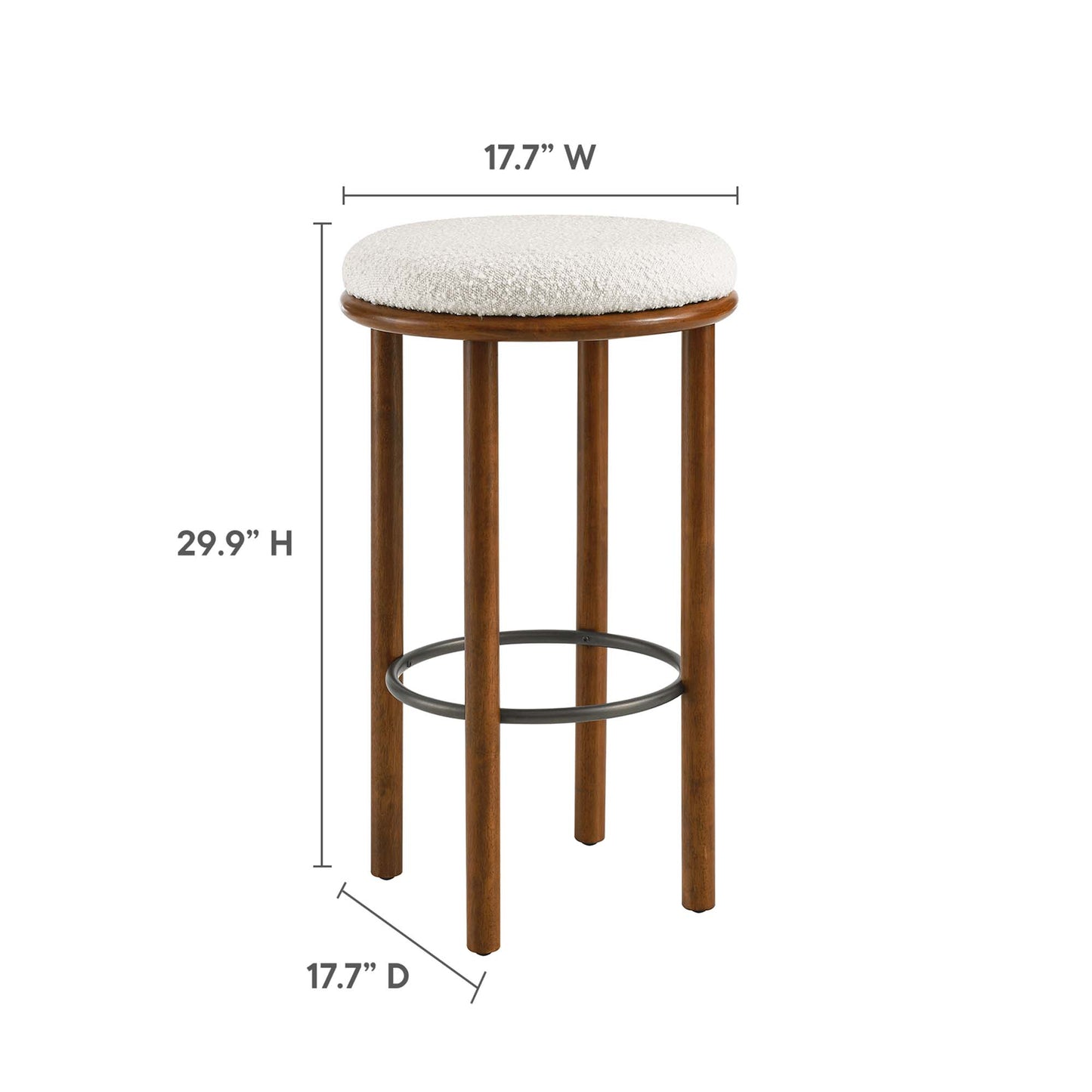 White boucle fabric bar stools with round padded seats, metal ring footrest, 29.9 in high, 17.7 in diameter, set of 2.