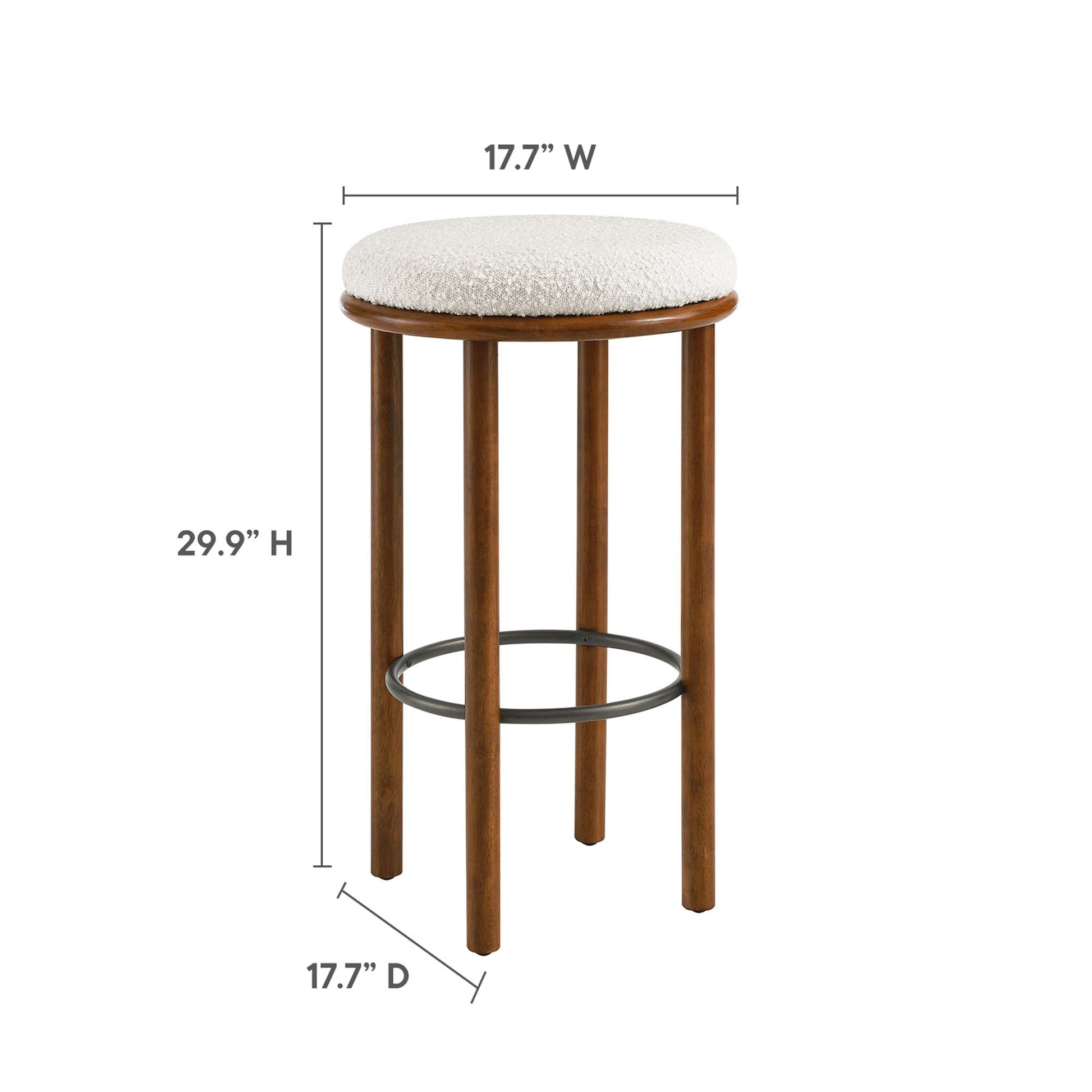 White boucle fabric bar stools with round padded seats, metal ring footrest, 29.9 in high, 17.7 in diameter, set of 2.