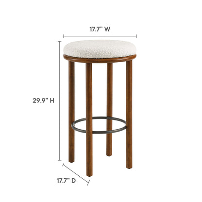 White boucle fabric bar stools with round padded seats, metal ring footrest, 29.9 in high, 17.7 in diameter, set of 2.