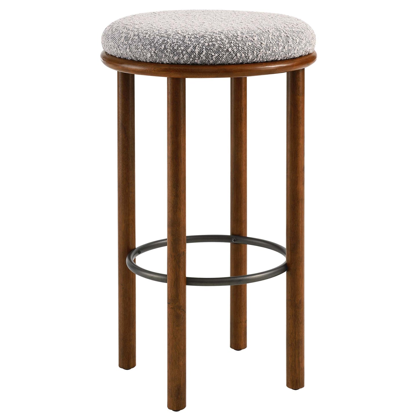 Walnut-finish wooden bar stools with round taupe textured cushions & circular metal footrings