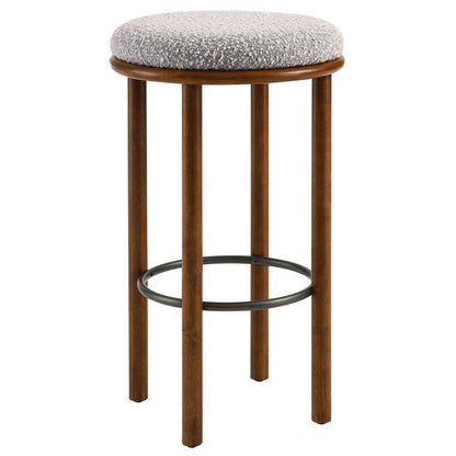 Walnut-finish wooden bar stools with round taupe textured cushions & circular metal footrings