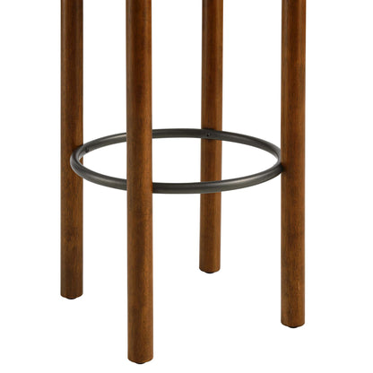 Bar stools set of 2 with brown boucle fabric upholstery, wooden legs and black circular metal footrests.