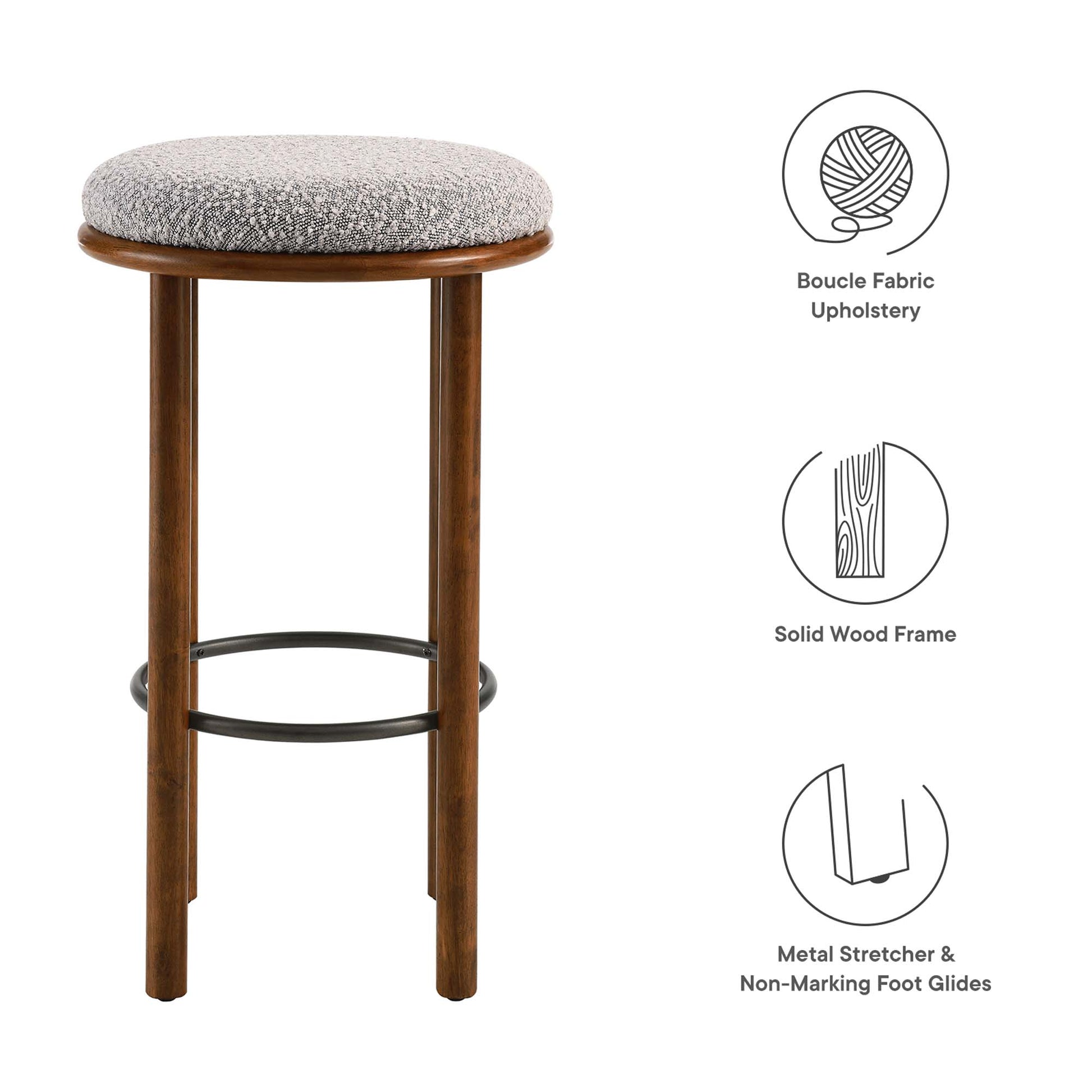 Taupe boucle upholstered round bar stools with a solid wood frame and metal footring; set of 2.
