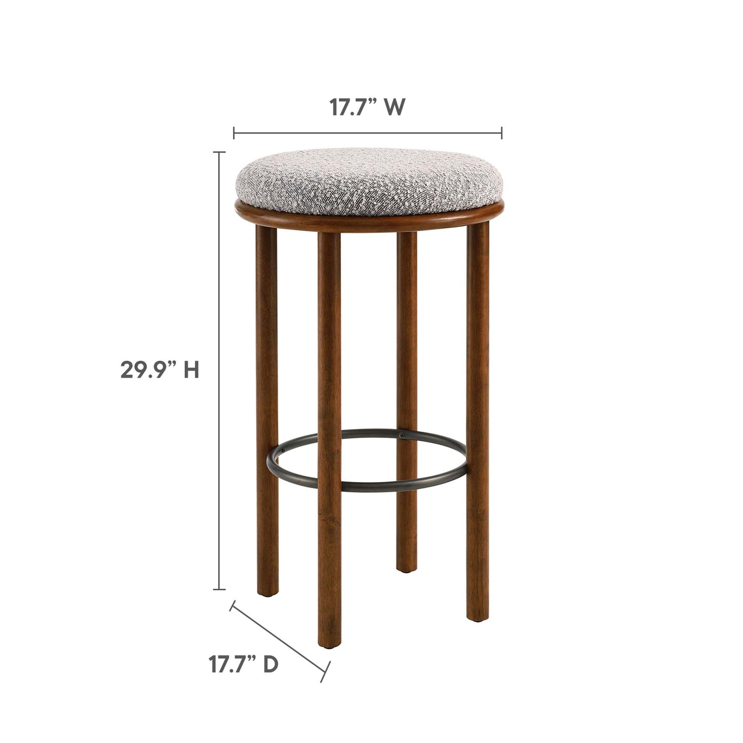 Brown upholstered round-seat bar stools, set of 2, with walnut-finish wood legs, four legs per stool, and black circular footrings.