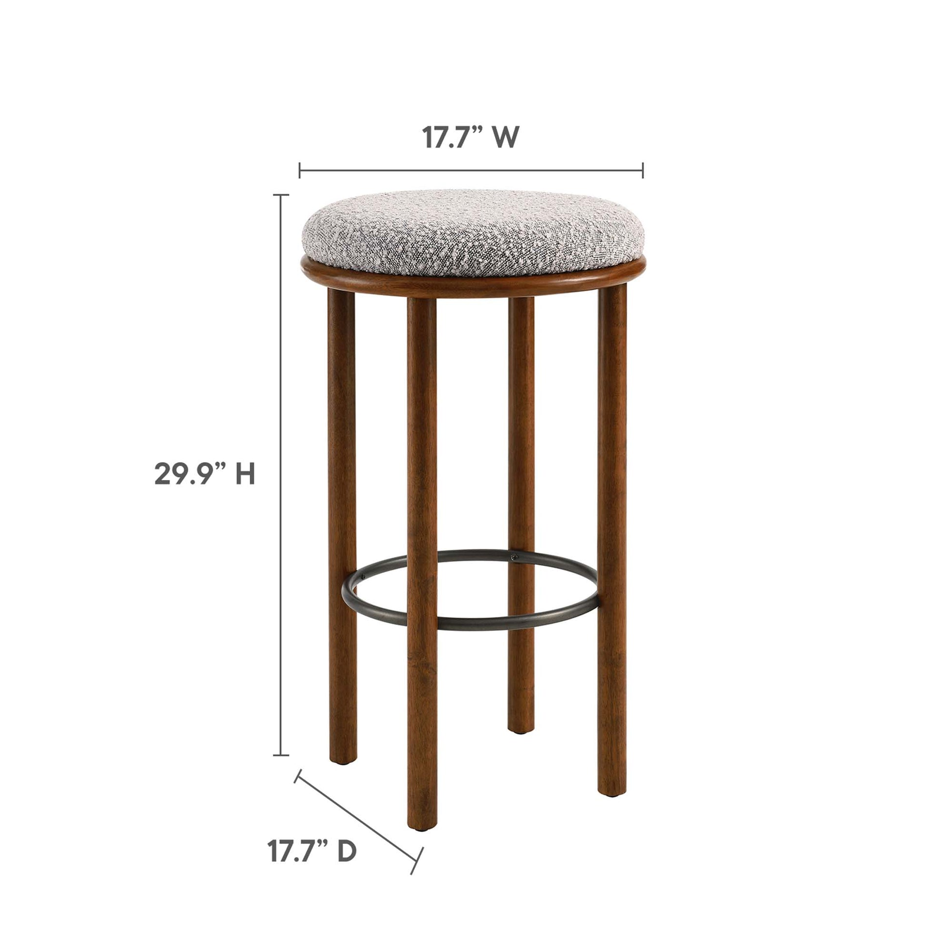 Brown upholstered round-seat bar stools, set of 2, with walnut-finish wood legs, four legs per stool, and black circular footrings.