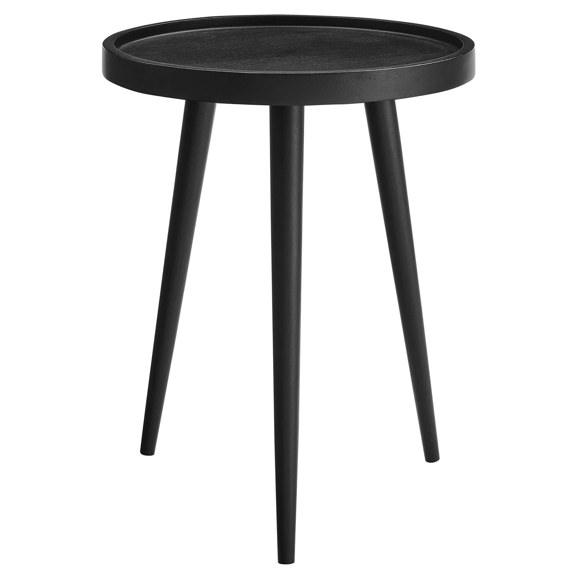 Black round-top side table with three tapered legs.