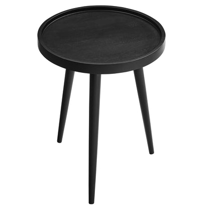 Round black wood side table with a shallow lip and three tapered legs, minimalist mid-century style.