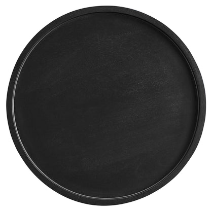 Round black wood side table with a flat top.