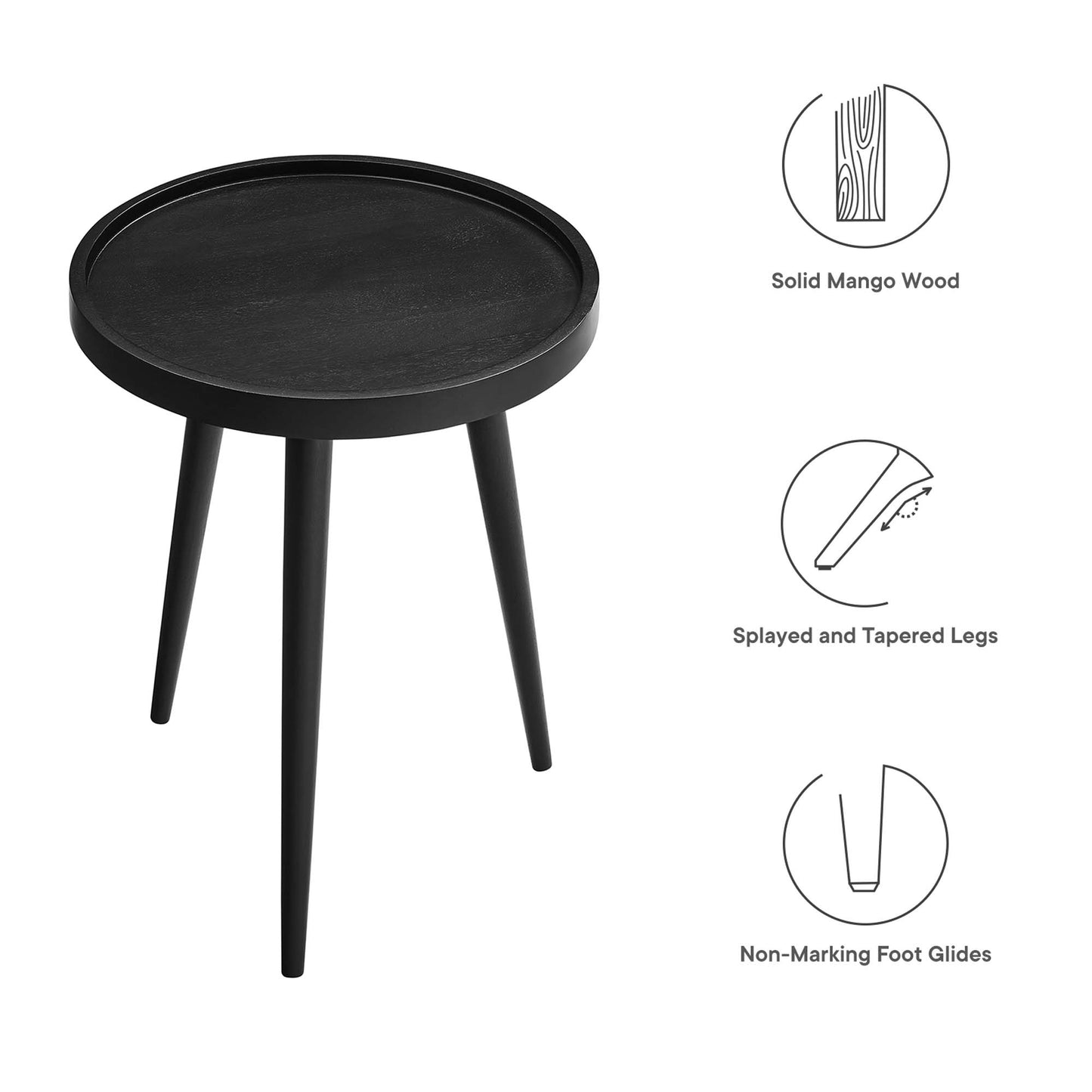 Round black side table with solid mango wood top and tapered splayed legs, non-marking foot glides.