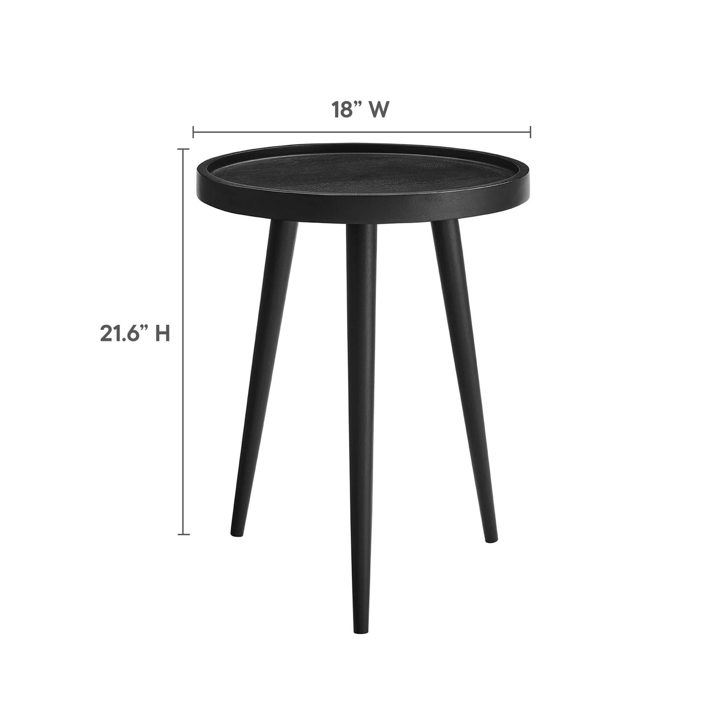 Round black wood side table with three tapered legs, 18" wide and 21.6" high.