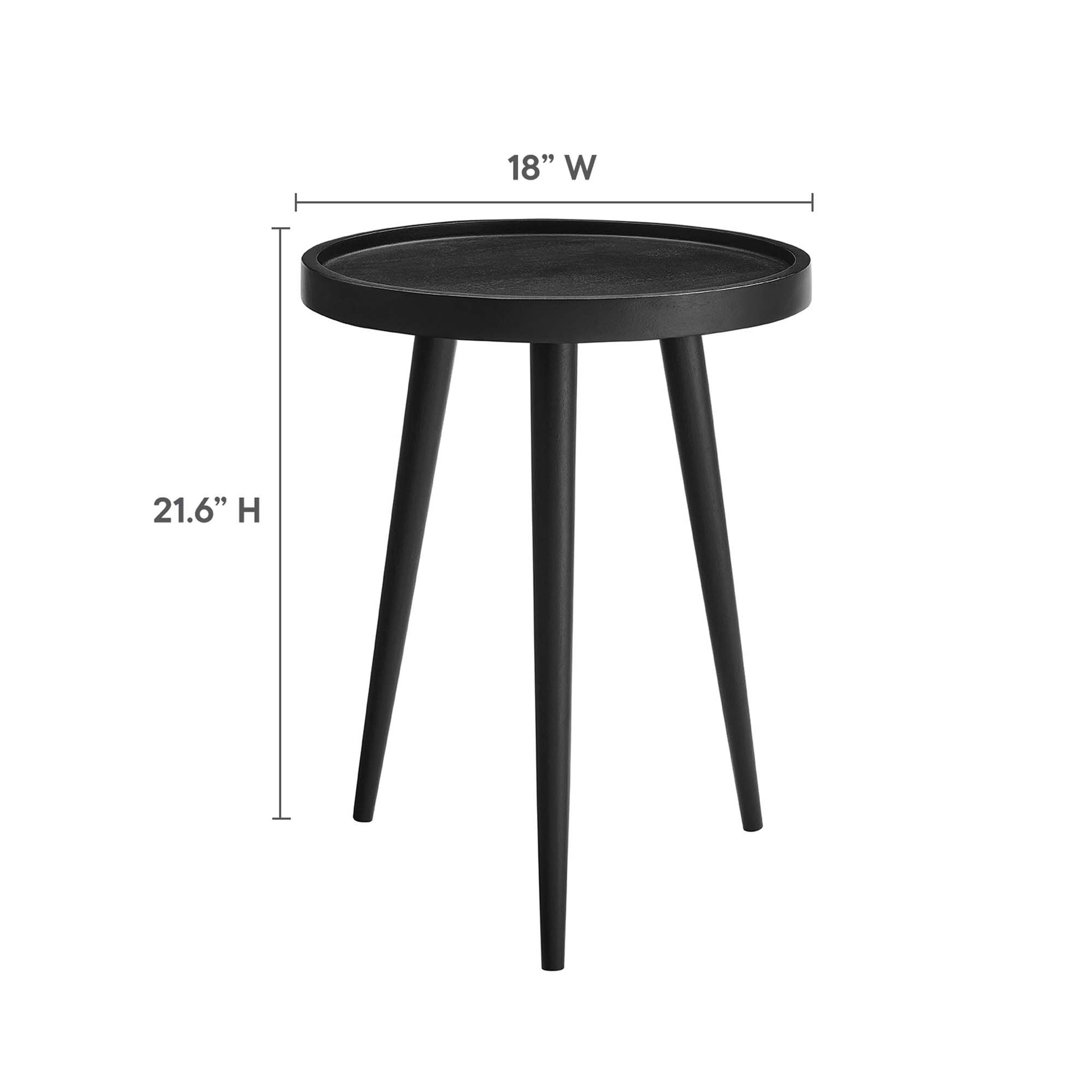Round black wood side table with three tapered legs, 18" wide and 21.6" high.