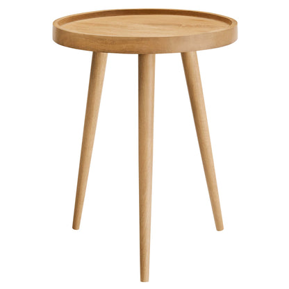 Brown wood round side table with three tapered legs, minimalist Scandinavian style.