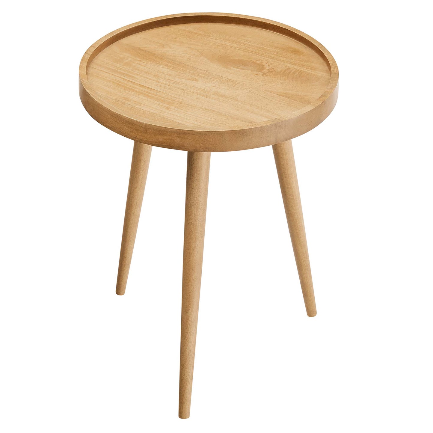 Natural wood round side table with a raised tray-style top and three tapered legs.