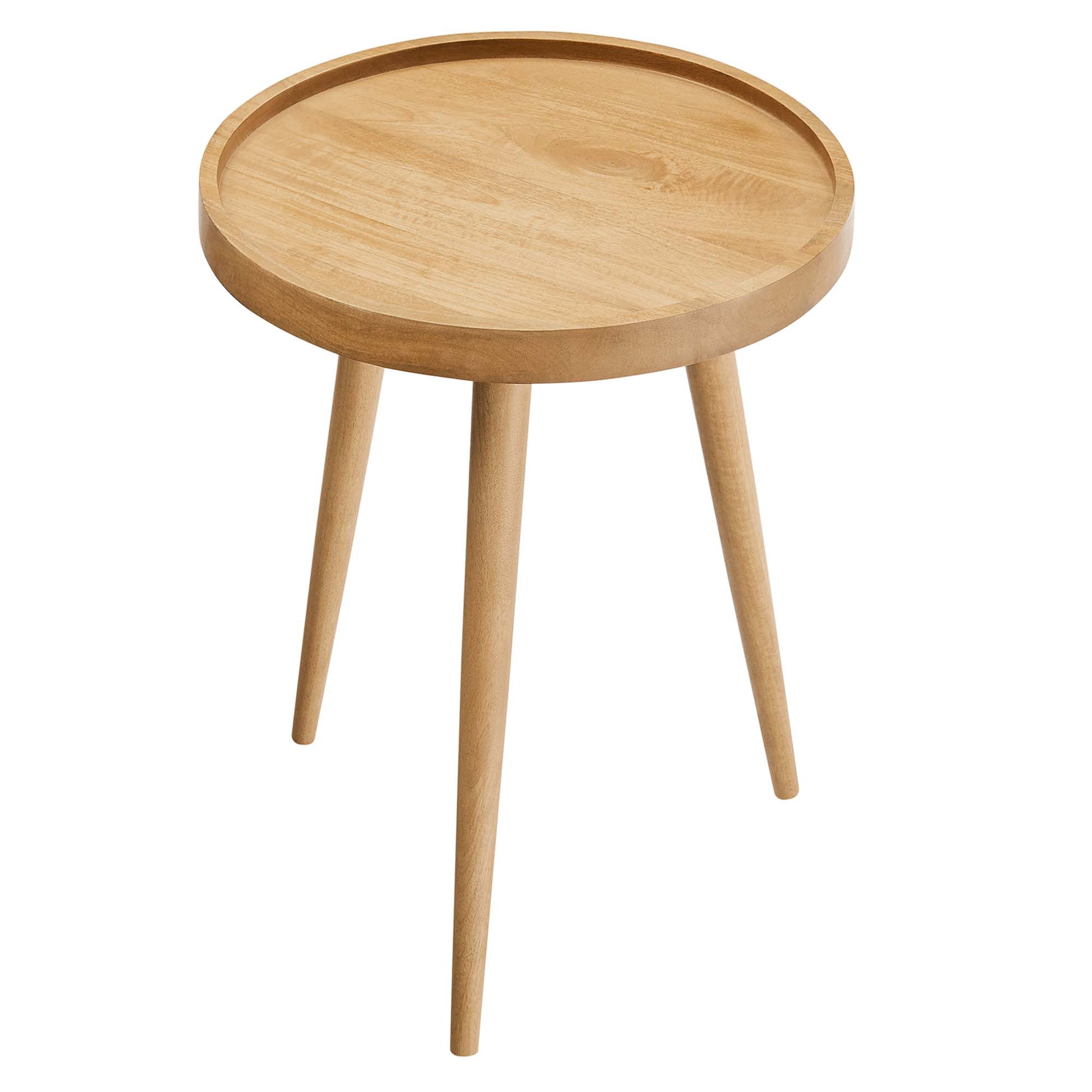 Natural wood round side table with a raised tray-style top and three tapered legs.
