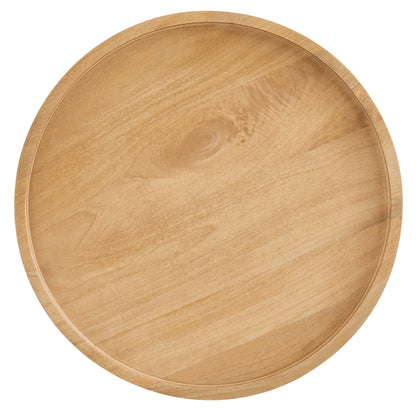 Natural wood round side table with smooth grain and raised lip.