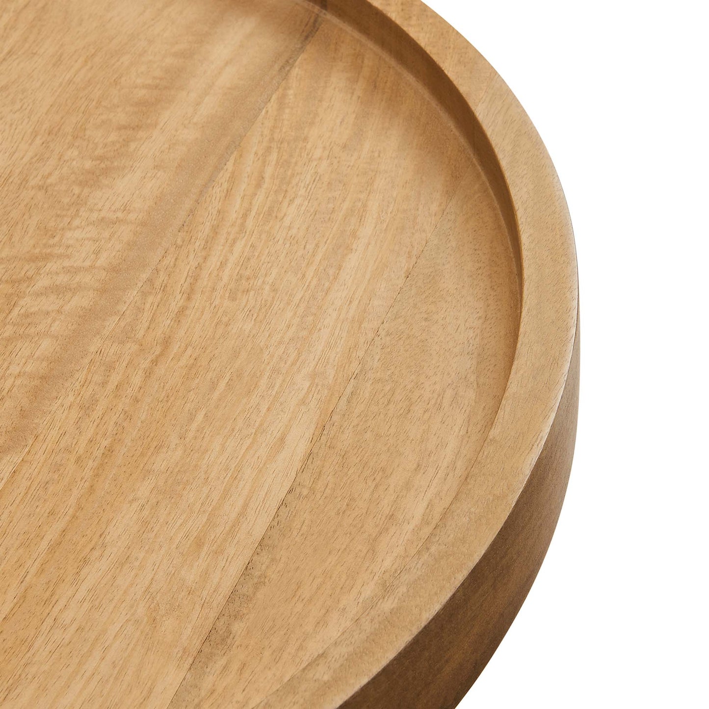 Natural wood round side table with a shallow lip and visible grain.