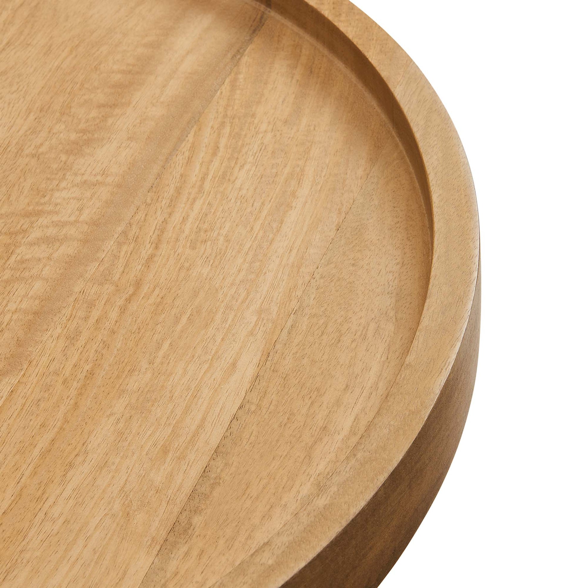 Natural wood round side table with a shallow lip and visible grain.