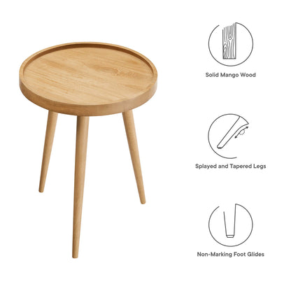 Round natural solid mango wood side table with three splayed tapered legs and non-marking foot glides.