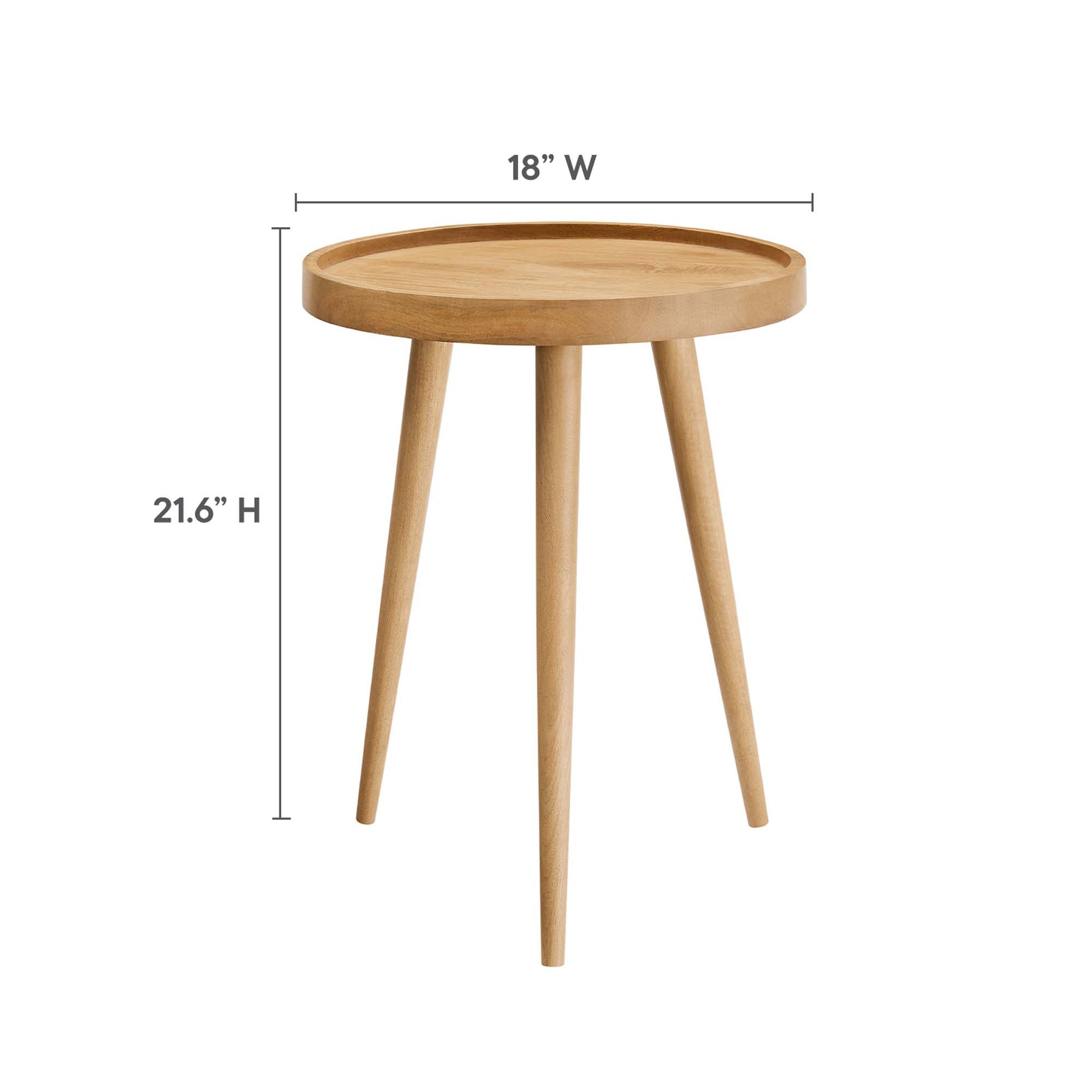Natural wood round side table, 18" top, 21.6" tall, three tapered legs, mid-century style.