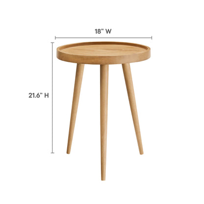 Natural wood round side table, 18" top, 21.6" tall, three tapered legs, mid-century style.