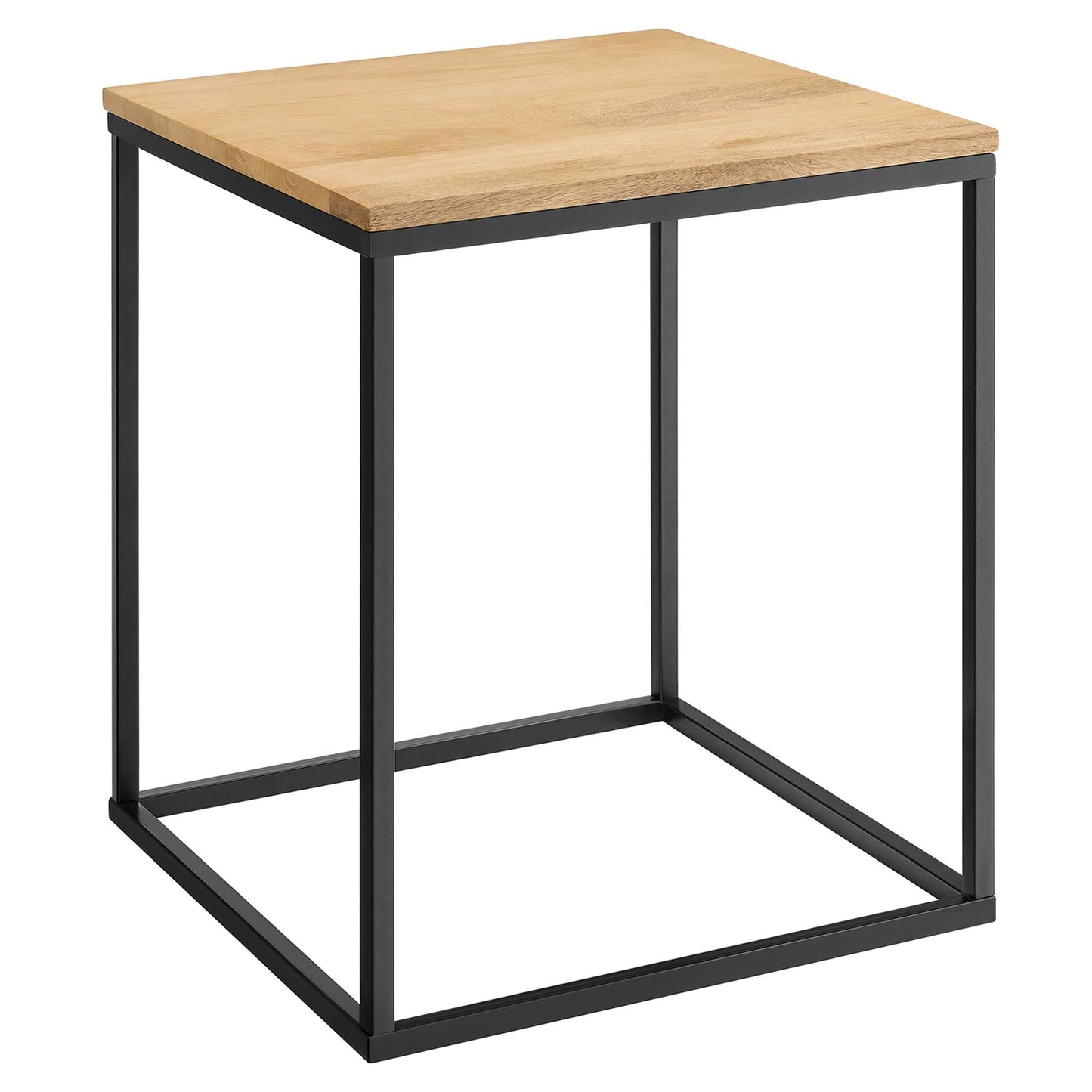 Oak top side table with black metal square frame, industrial minimalist style.