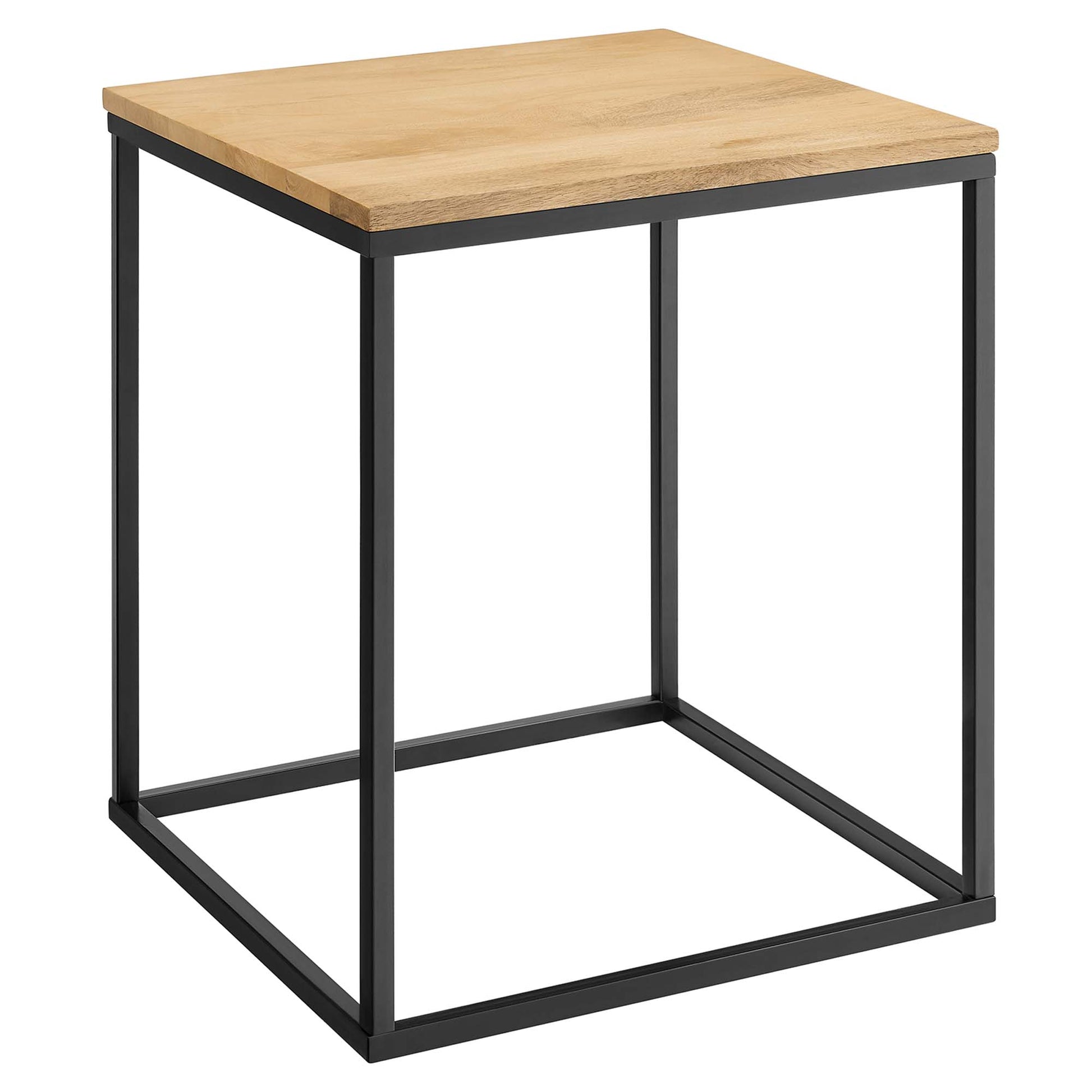 Oak top side table with black metal square frame, industrial minimalist style.