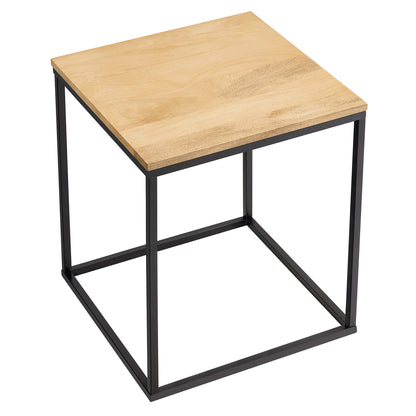Oak wood top square side table with black metal frame; industrial minimalist style.