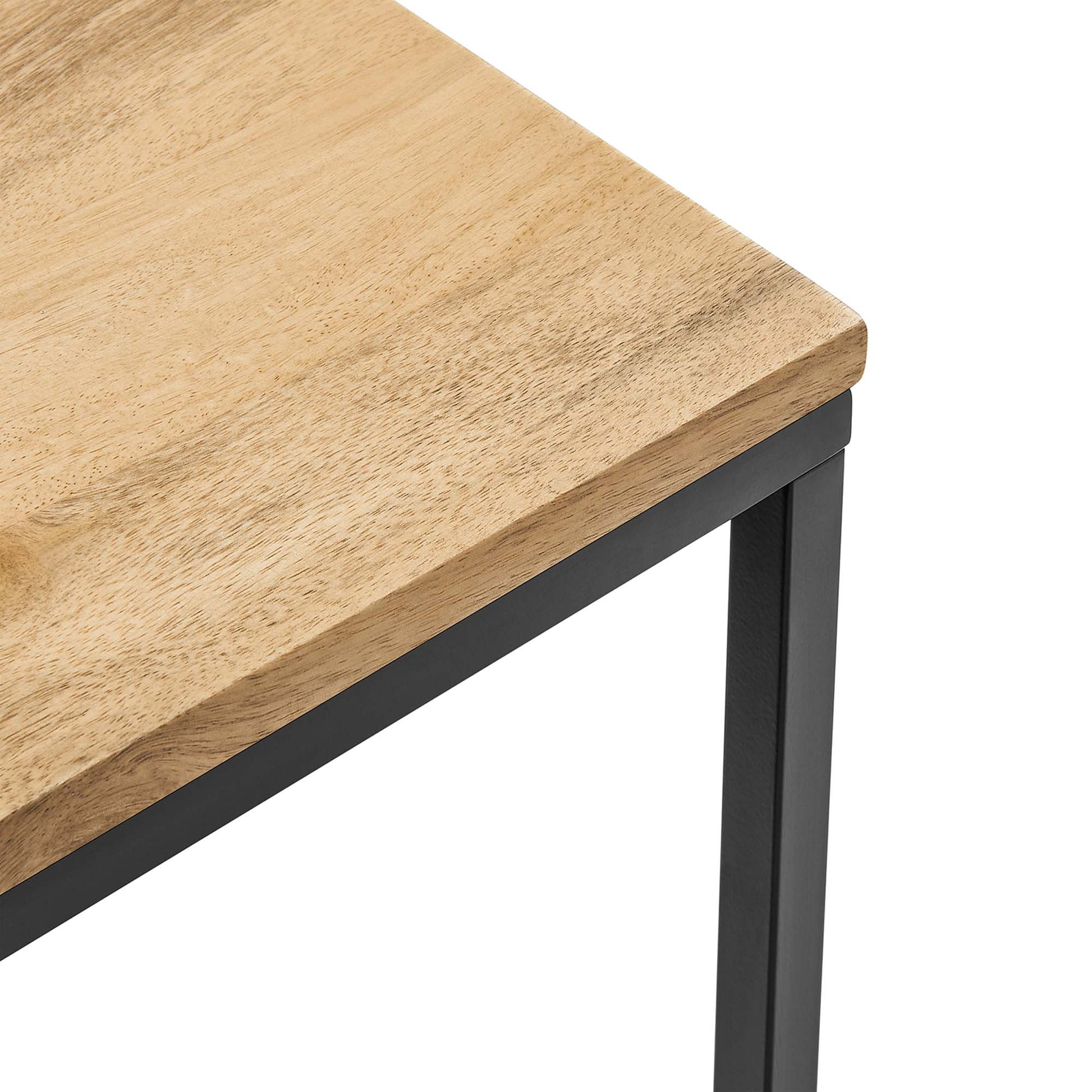 Square oak wood top with black metal legs; brown wood-and-metal side table.