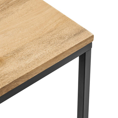 Square oak wood top with black metal legs; brown wood-and-metal side table.
