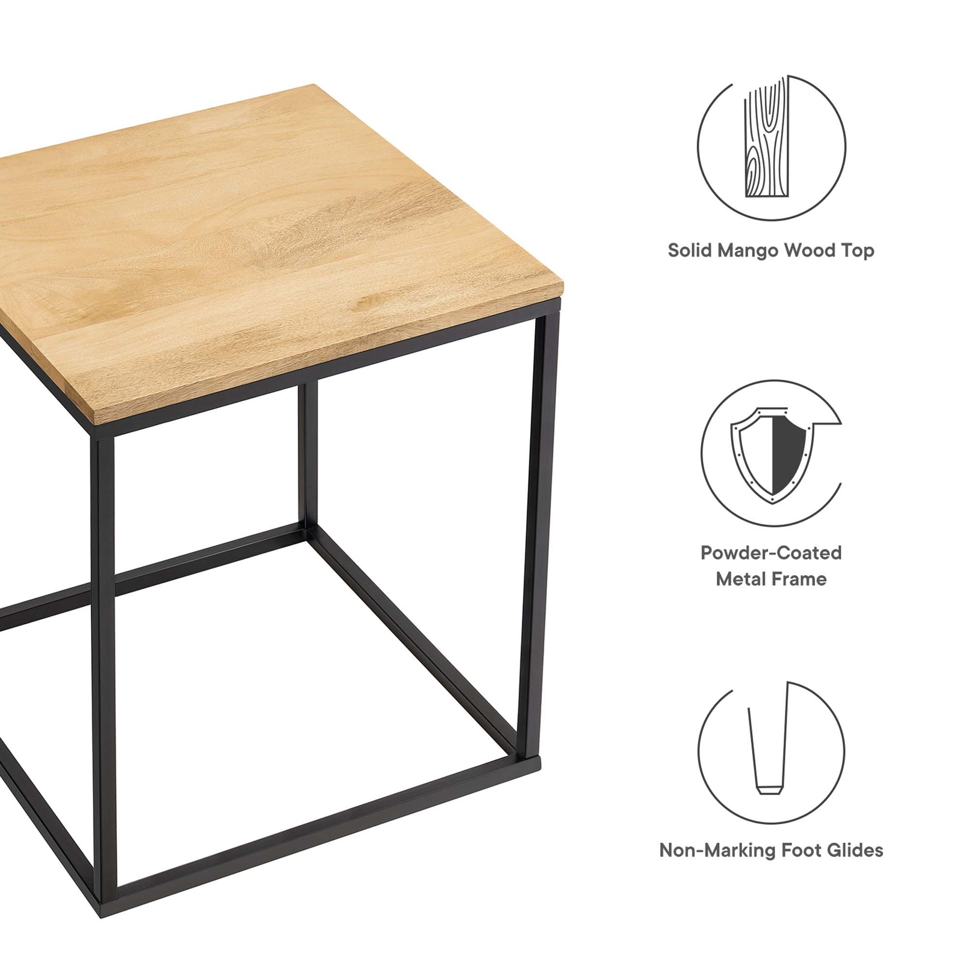 Solid mango wood top in oak tone on a black powder-coated metal frame; square side table with non-marking foot glides.