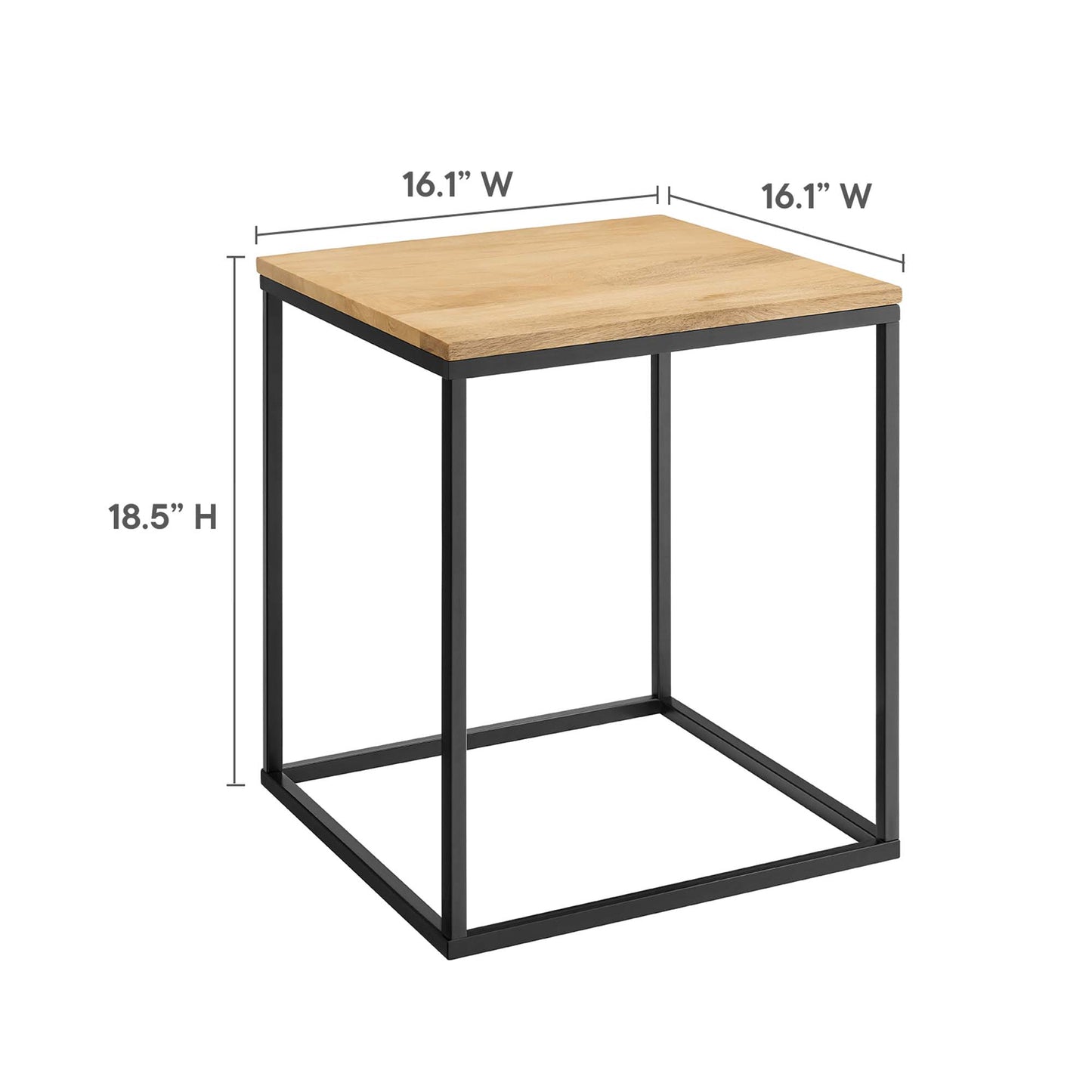 Oak wood top with black metal frame; industrial square side table, 16.1in square, 18.5in tall.