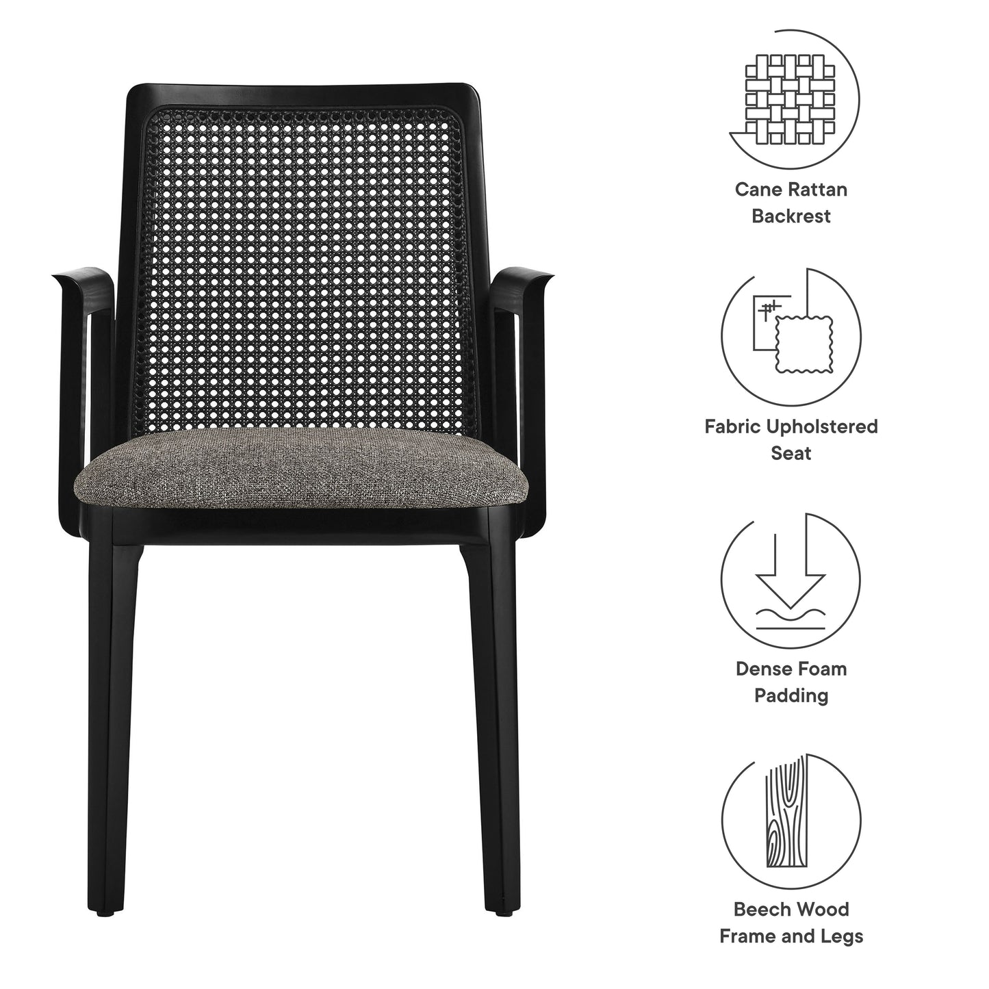 Modway Outlet Monarch Wood and Rattan Dining Armchair by Modway  Bar and Dining Furniture Black Black Gray - EEI-6844-BLK-BLK-GRY